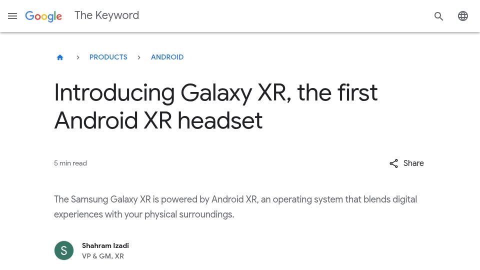 Screenshot of blog.google: Galaxy XR: The first Android XR headset