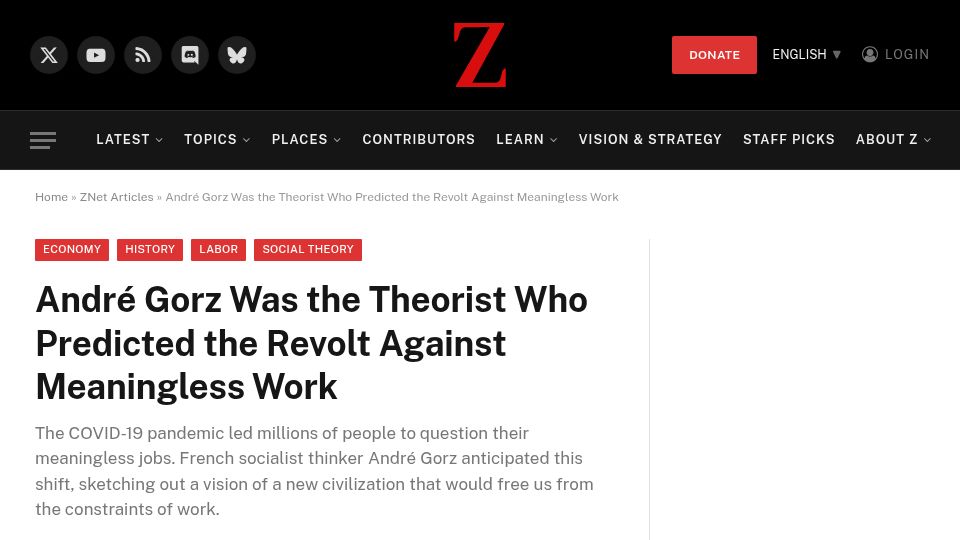 Screenshot of znetwork.org: André Gorz predicted the revolt against meaningless work (2023)