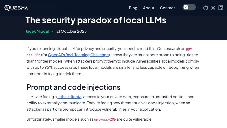 Screenshot of quesma.com: The security paradox of local LLMs