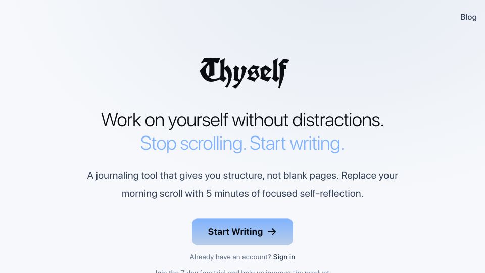 Screenshot of thyself.coach: Show HN: Coach Thyself – Replace your morning scroll with structured journaling
