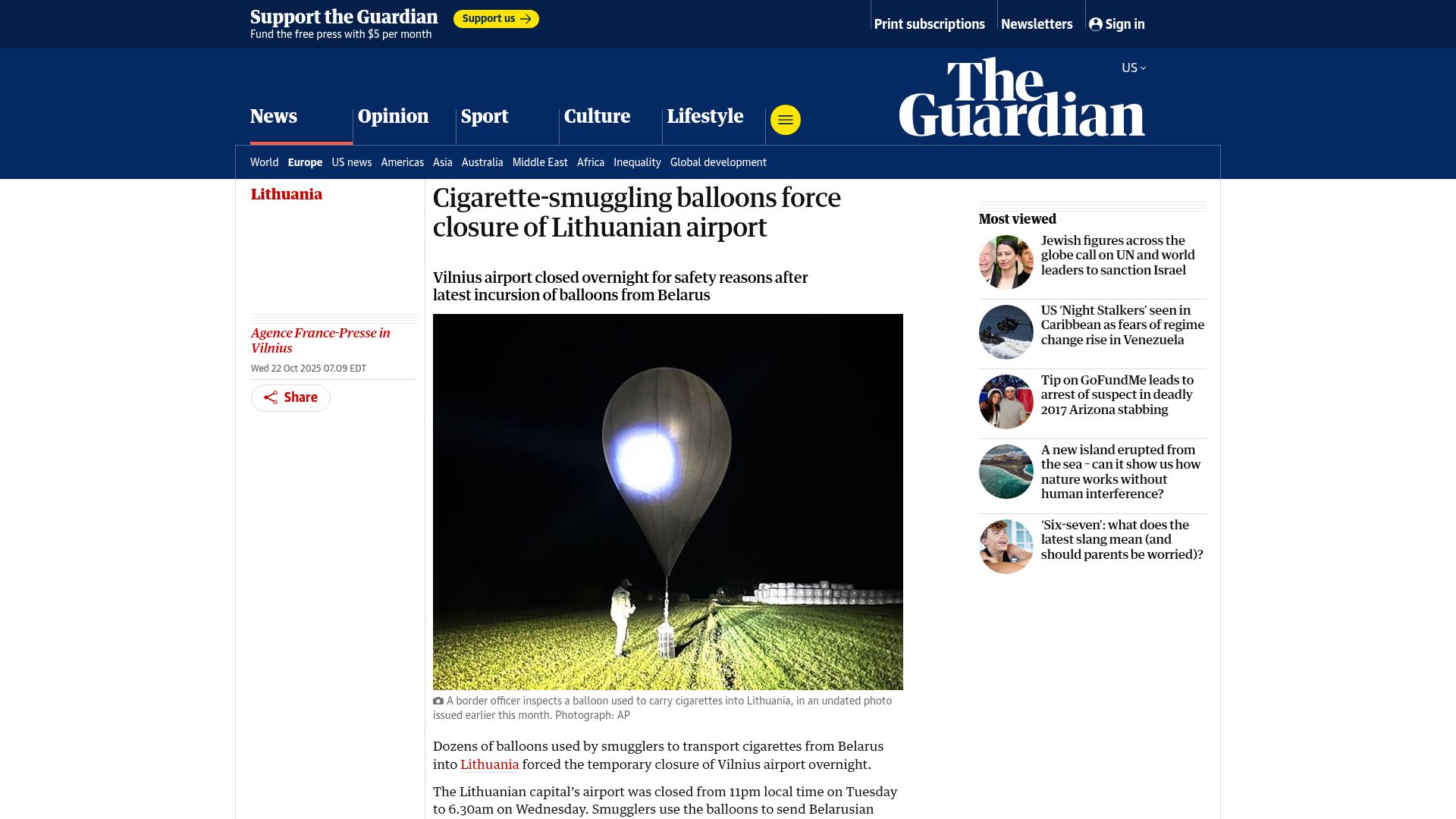 Screenshot of theguardian.com: Cigarette-smuggling balloons force closure of Lithuanian airport