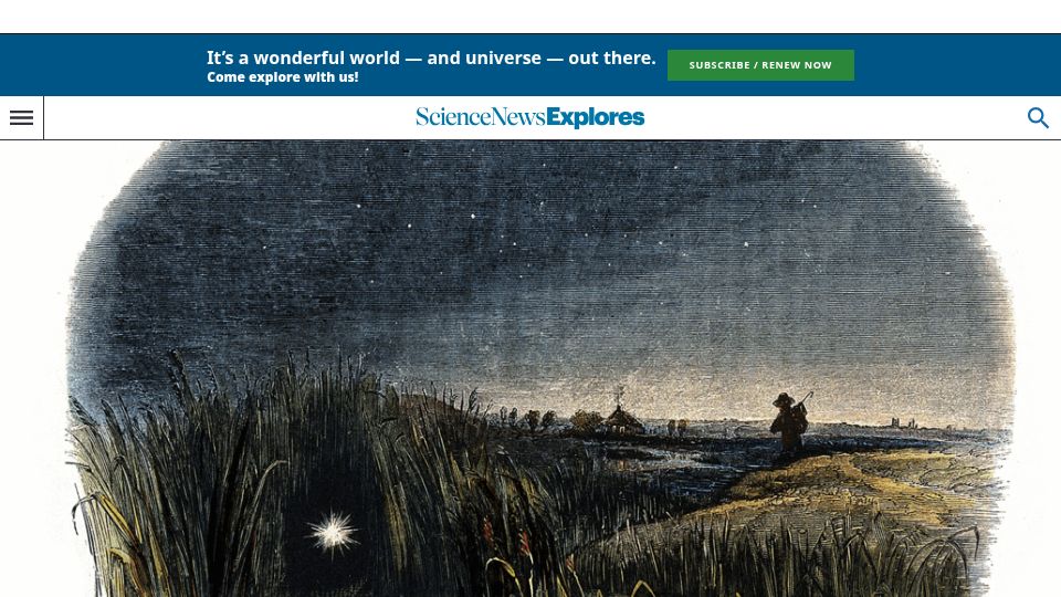 Screenshot of snexplores.org: Ghostly swamp will-O'-the-wisps may be explained by science