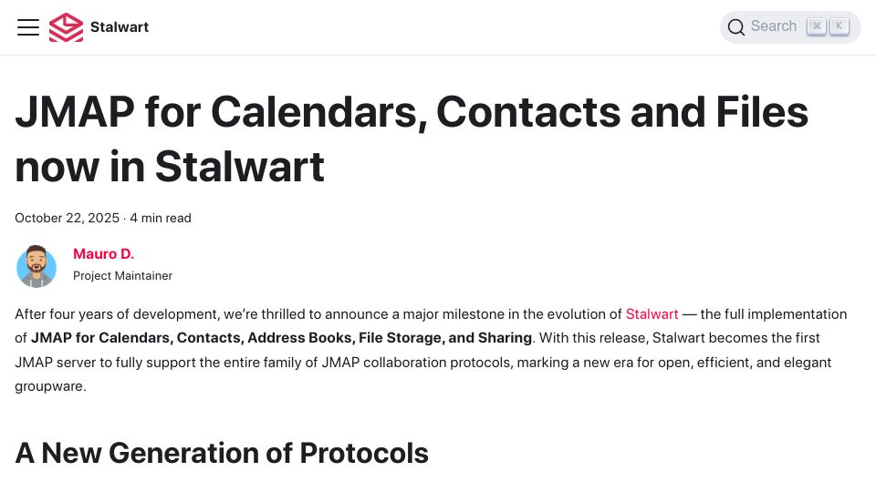 Screenshot of stalw.art: JMAP for Calendars, Contacts and Files Now in Stalwart