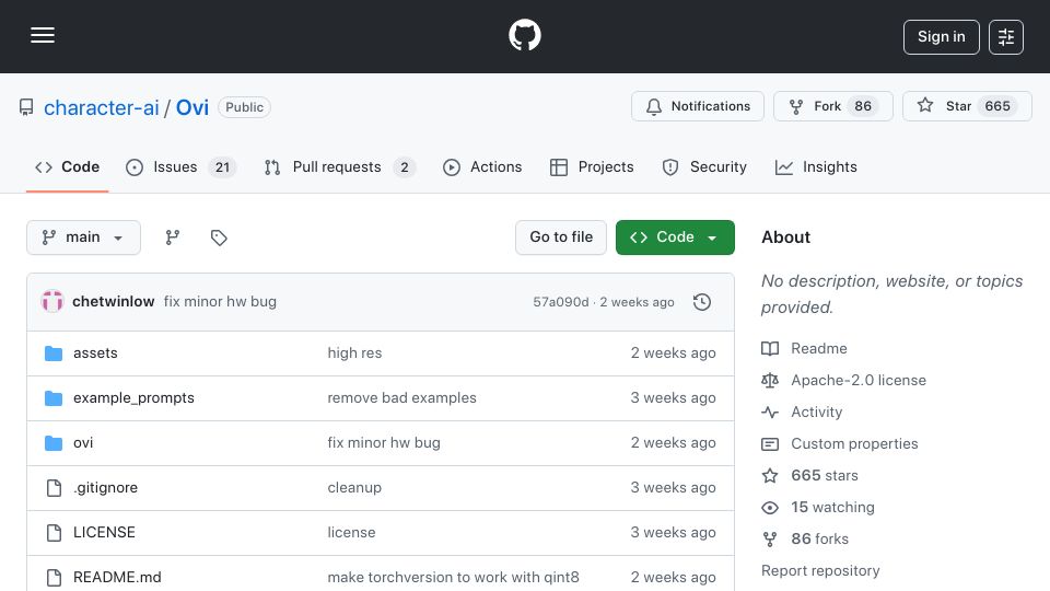 Screenshot of github.com: Ovi: Twin backbone cross-modal fusion for audio-video generation
