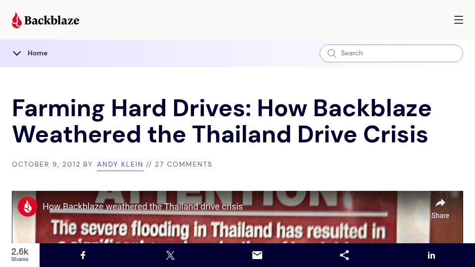 Screenshot of backblaze.com: Farming Hard Drives (2012)