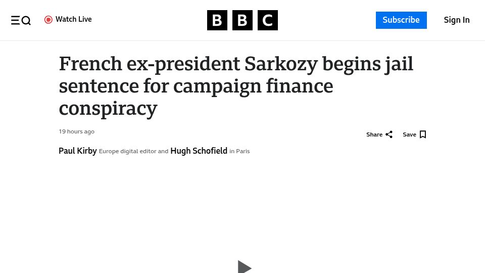 Screenshot of bbc.com: French ex-president Sarkozy begins jail sentence