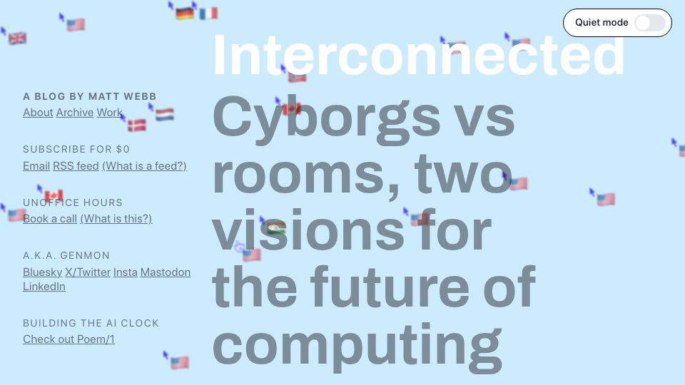 Screenshot of interconnected.org: Cyborgs vs. rooms, two visions for the future of computing