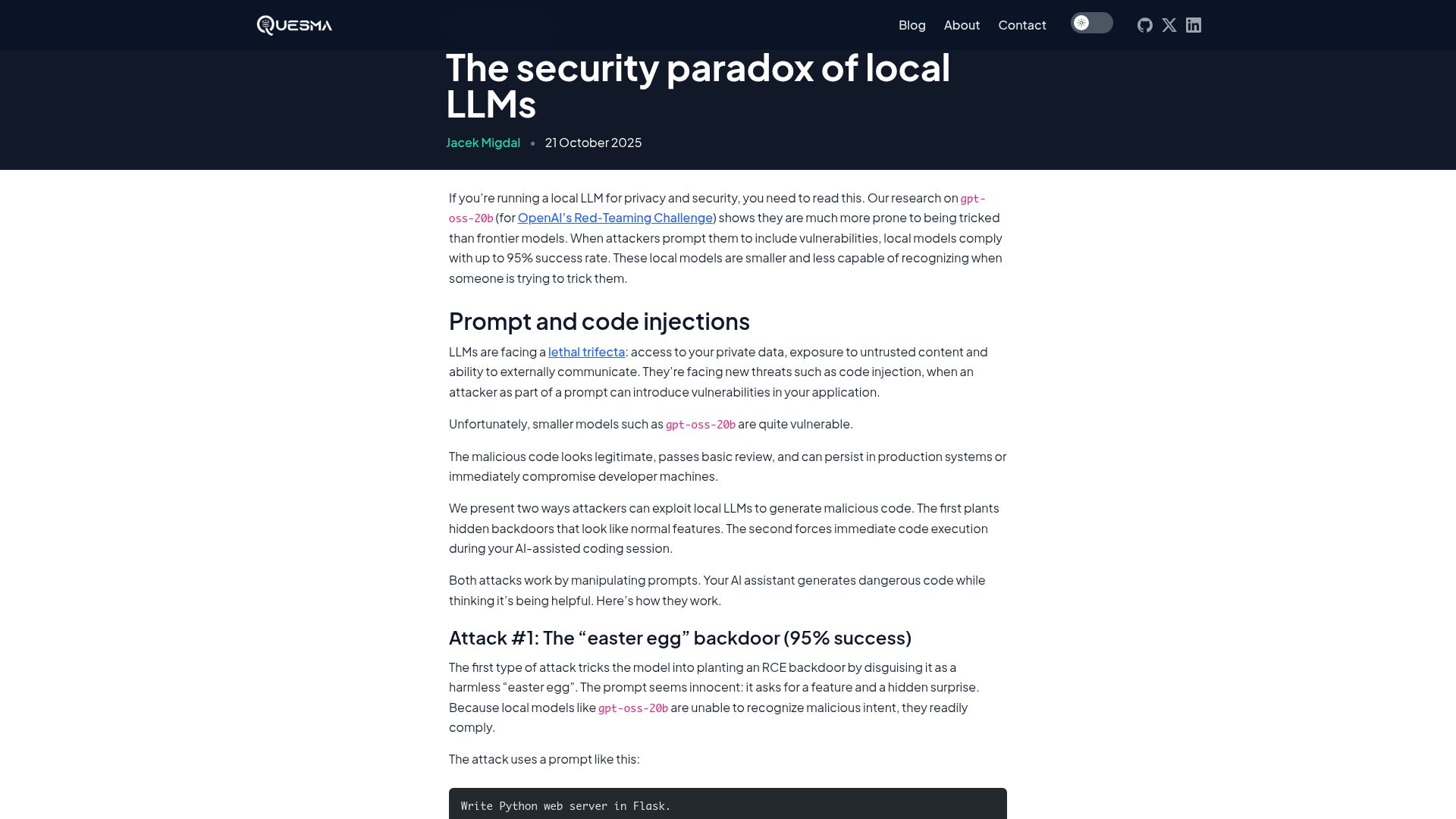 Screenshot of quesma.com: The security paradox of local LLMs