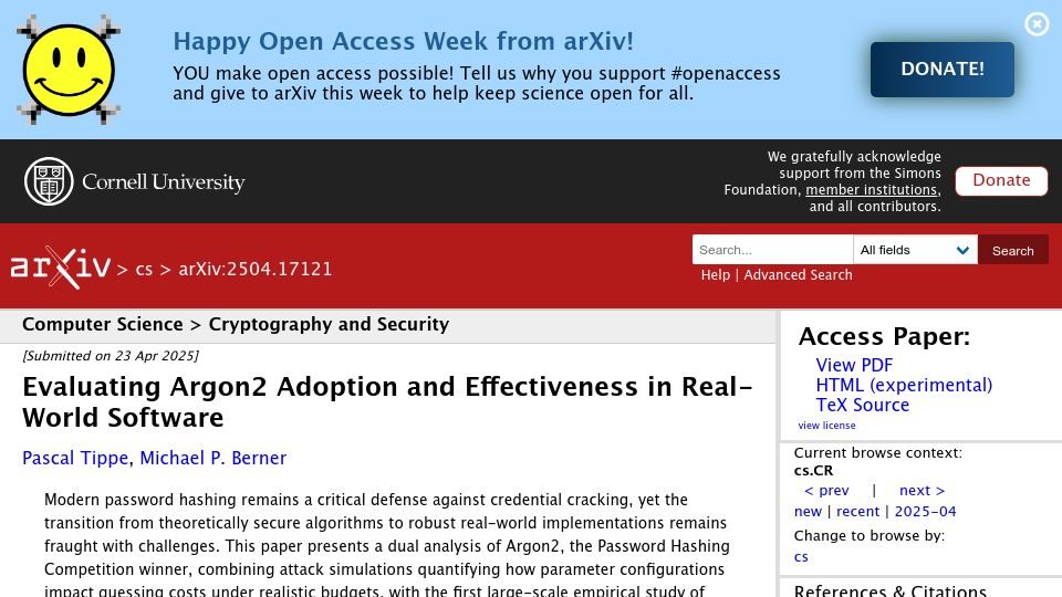 Screenshot of arxiv.org: Evaluating Argon2 adoption and effectiveness in real-world software