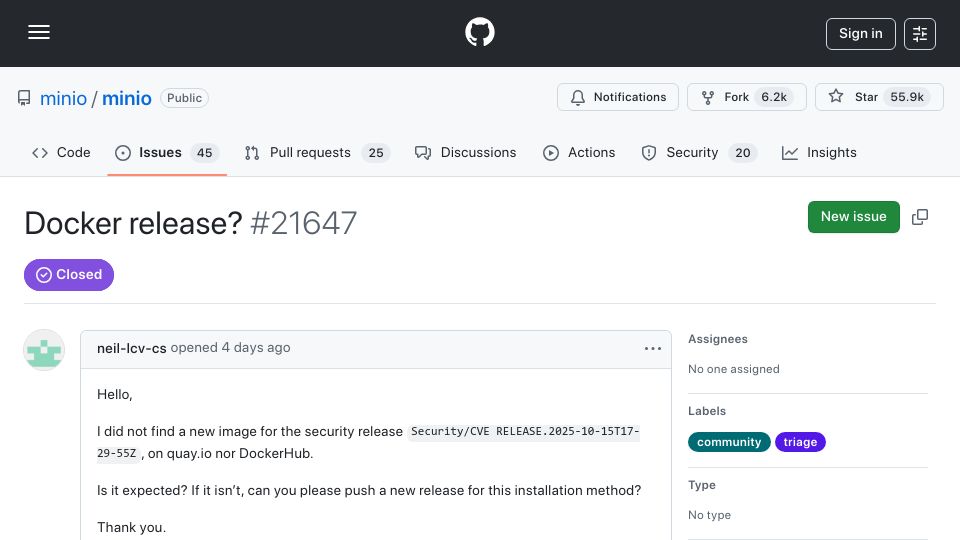 Screenshot of github.com: MinIO stops distributing free Docker images