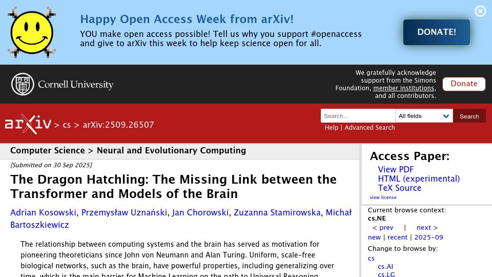 Screenshot of arxiv.org: The Dragon Hatchling: The missing link between the transformer and brain models