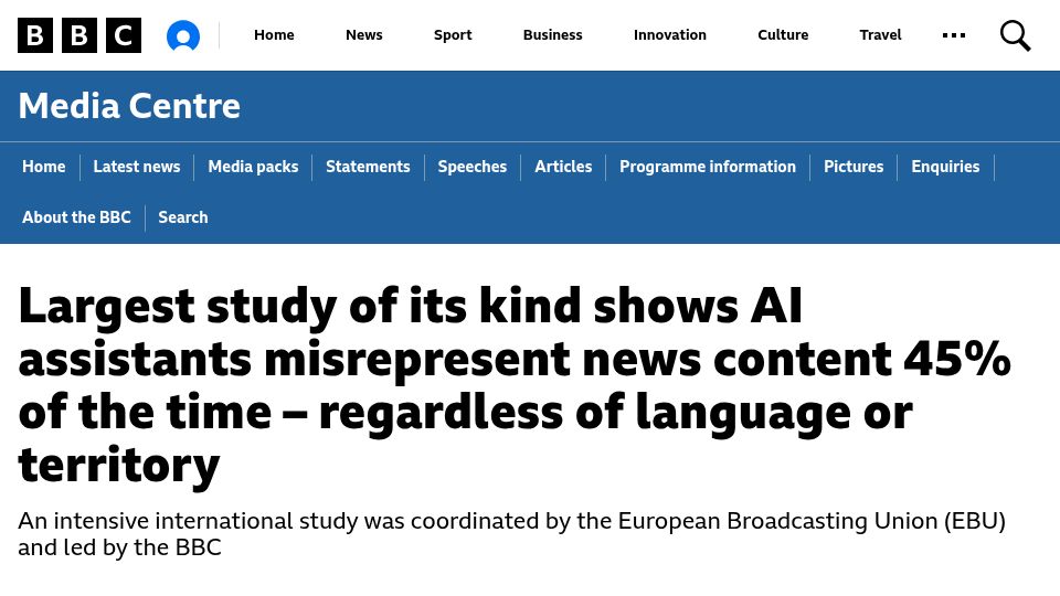 Screenshot of bbc.co.uk: AI assistants misrepresent news content 45% of the time
