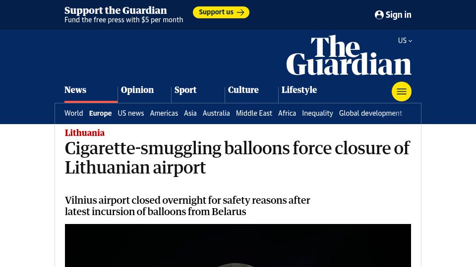 Screenshot of theguardian.com: Cigarette-smuggling balloons force closure of Lithuanian airport