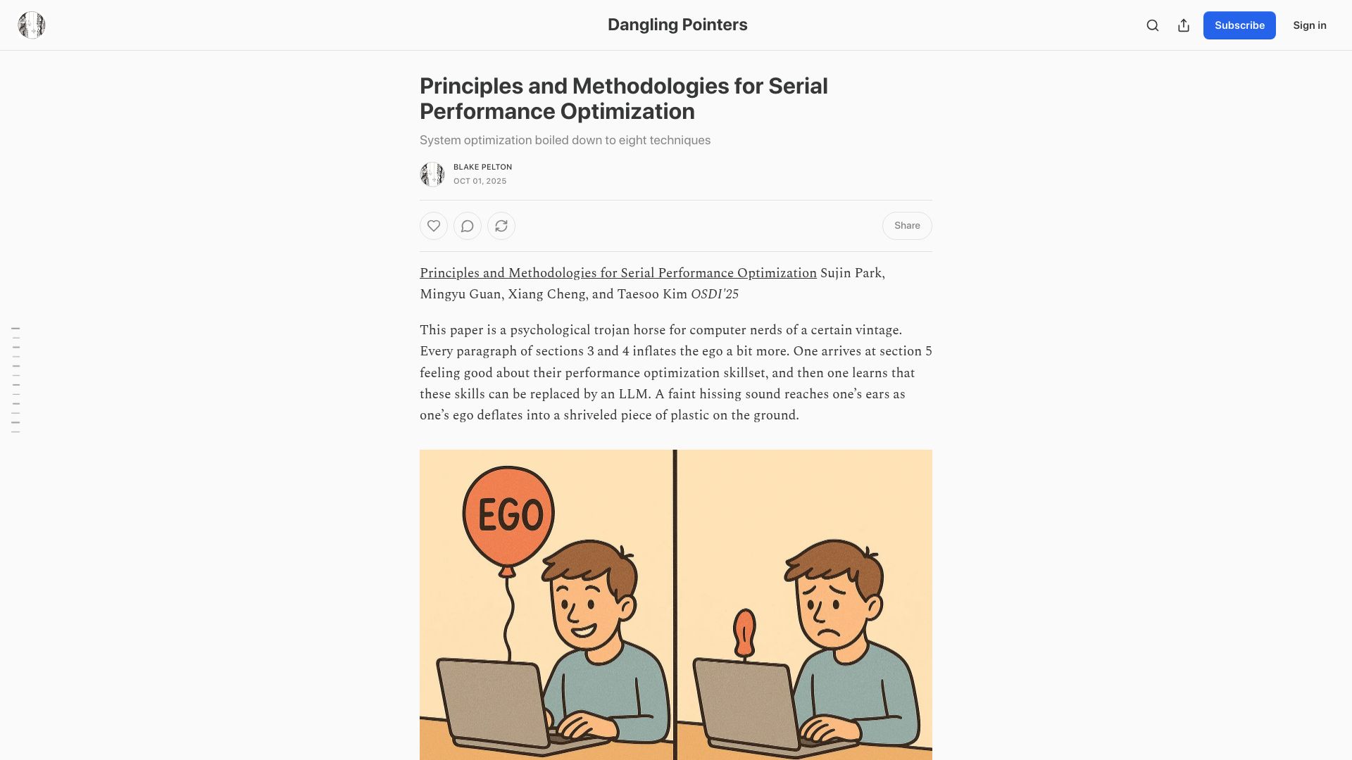 Screenshot of danglingpointers.substack.com: Principles and Methodologies for Serial Performance Optimization