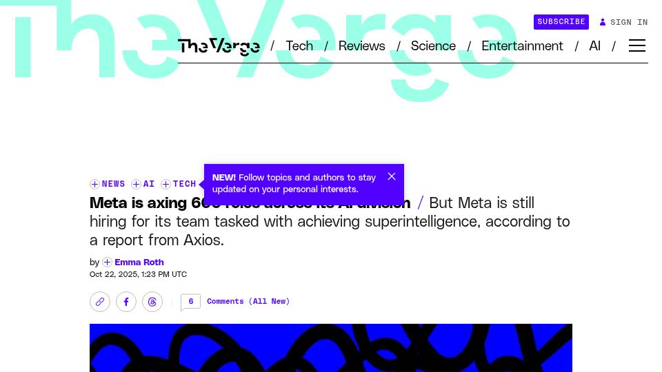 Screenshot of theverge.com: Meta is axing 600 roles across its AI division