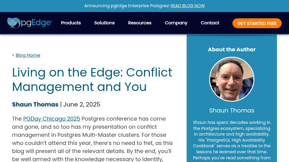 Screenshot of pgedge.com: Understanding conflict resolution and avoidance in PostgreSQL: a complete guide