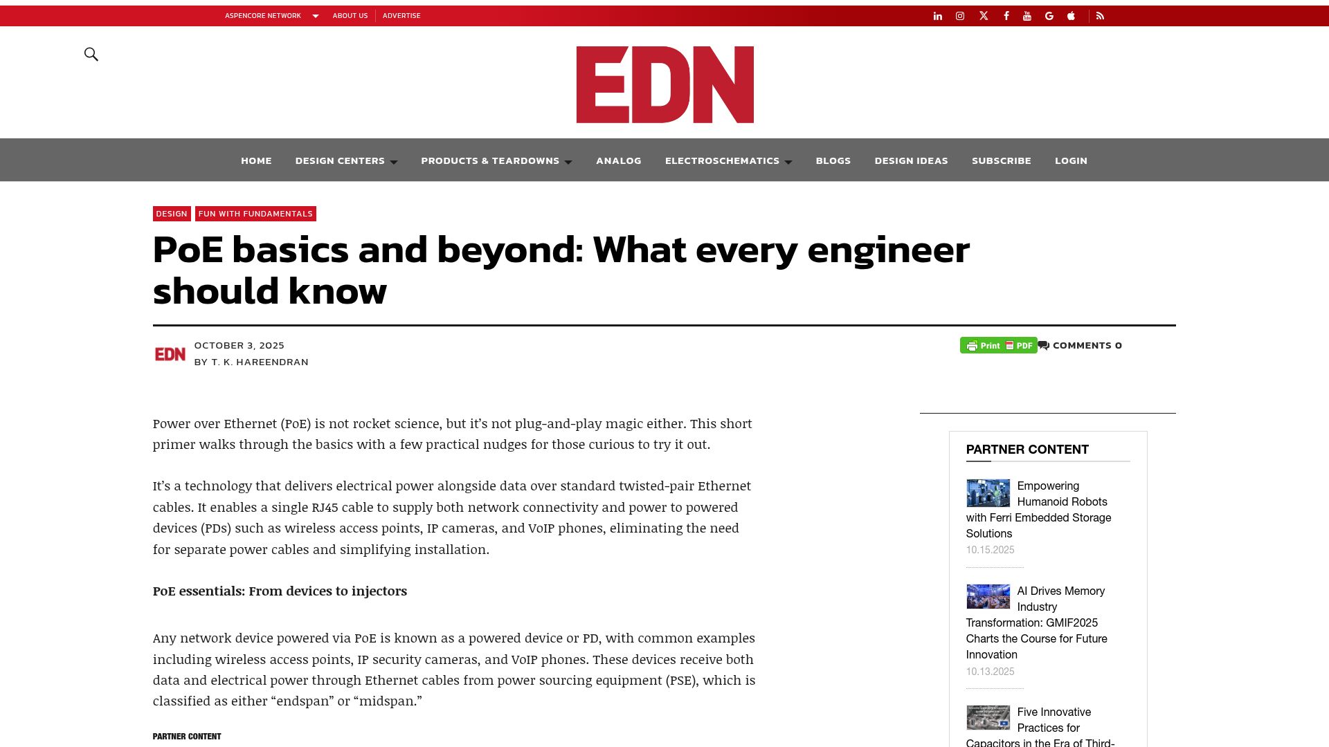 Screenshot of edn.com: Power over Ethernet (PoE) basics and beyond