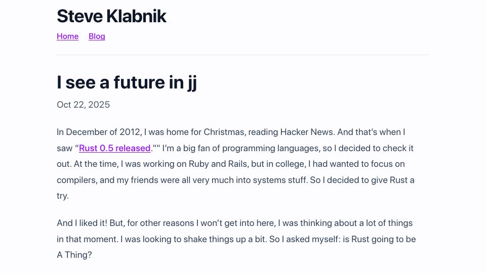 Screenshot of steveklabnik.com: I see a future in jj