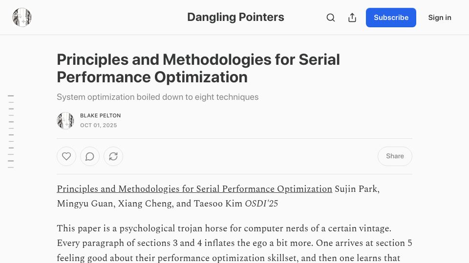 Screenshot of danglingpointers.substack.com: Principles and Methodologies for Serial Performance Optimization