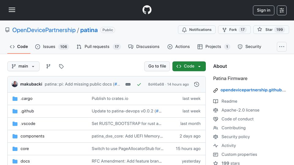 Screenshot of github.com: Patina: a Rust implementation of UEFI firmware