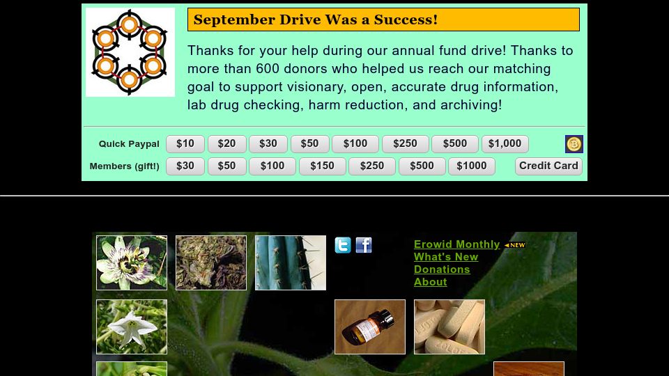 Screenshot of erowid.org: Erowid - Documenting the Complex Relationship Between Humans and Psychoactives