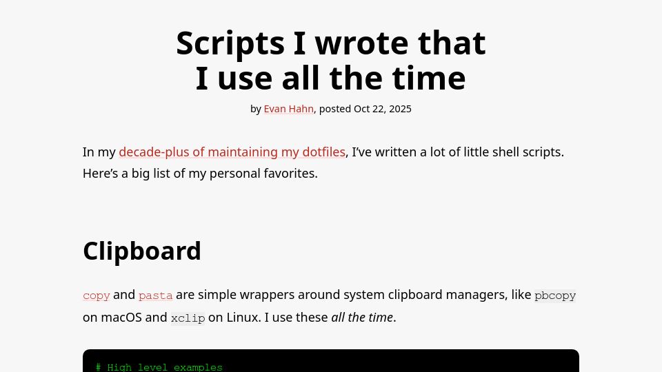 Screenshot of evanhahn.com: Scripts I wrote that I use all the time