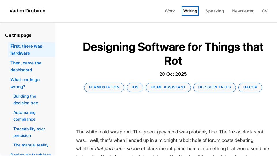 Screenshot of drobinin.com: Designing software for things that rot