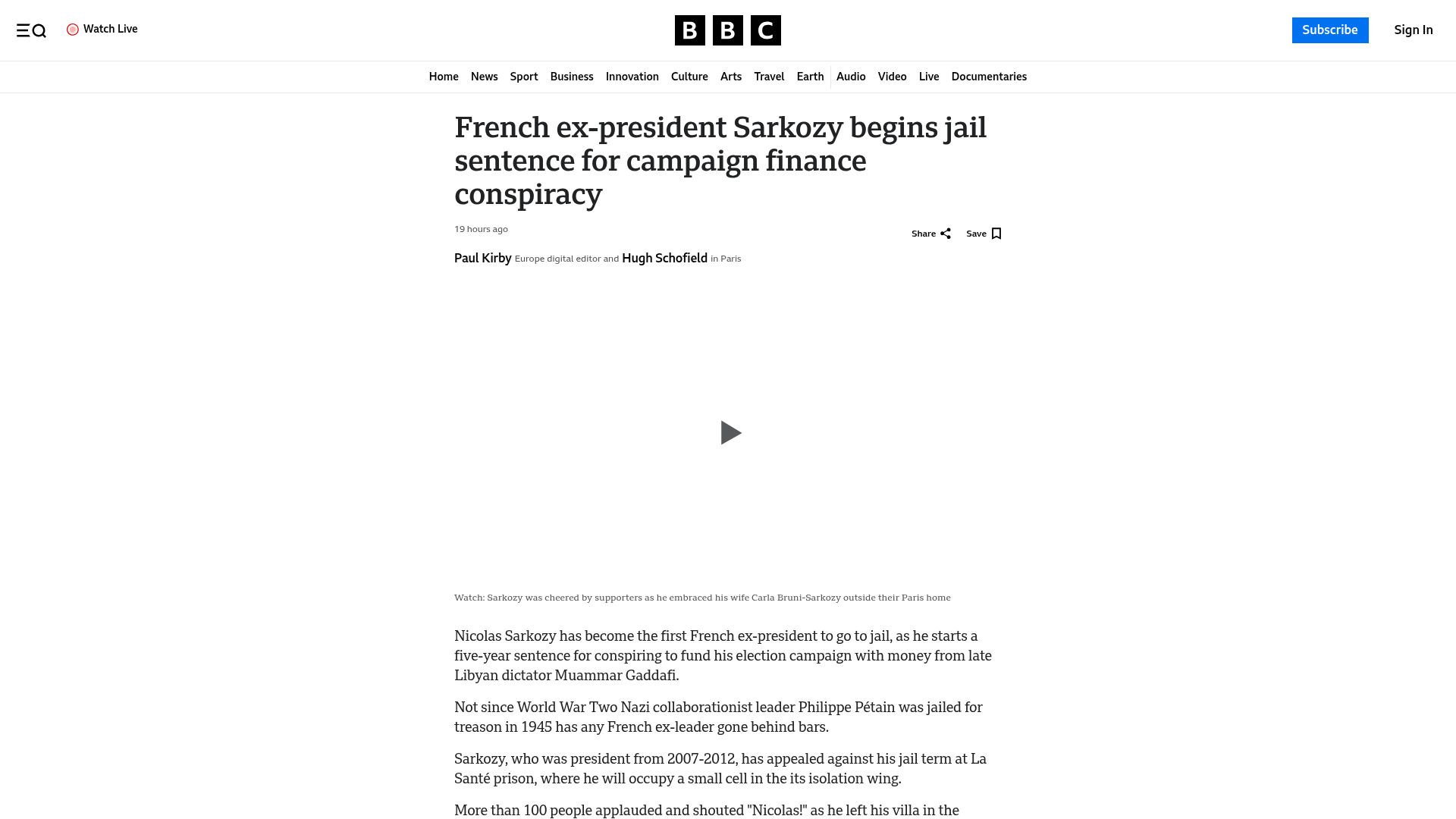 Screenshot of bbc.com: French ex-president Sarkozy begins jail sentence