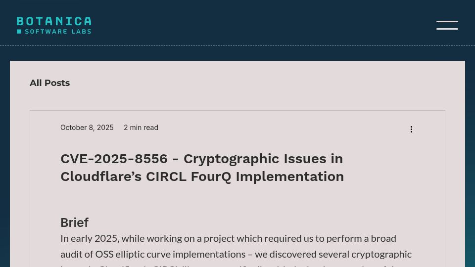 Screenshot of botanica.software: Cryptographic Issues in Cloudflare's Circl FourQ Implementation (CVE-2025-8556)