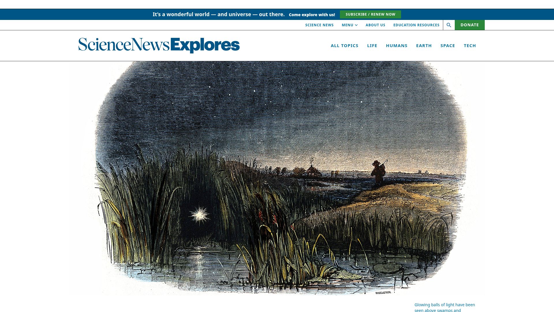 Screenshot of snexplores.org: Ghostly swamp will-O'-the-wisps may be explained by science