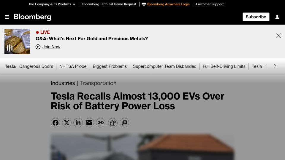 Screenshot of bloomberg.com: Tesla Recalls Almost 13,000 EVs over Risk of Battery Power Loss