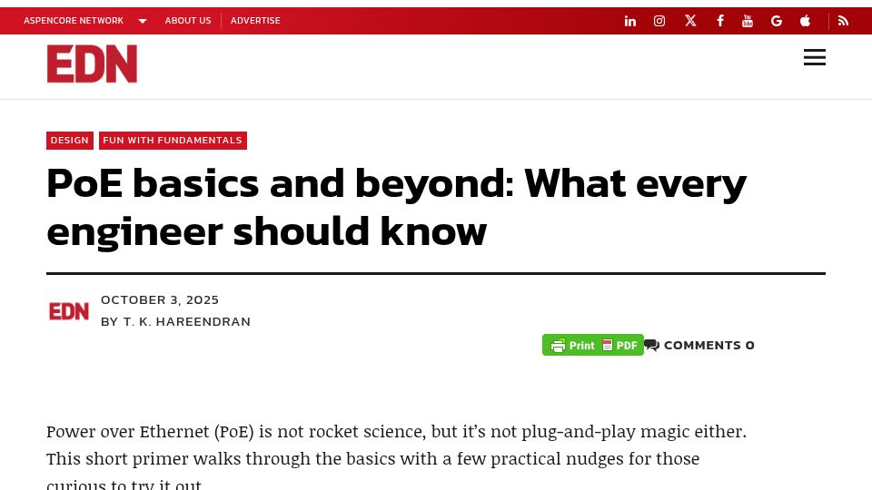 Screenshot of edn.com: Power over Ethernet (PoE) basics and beyond