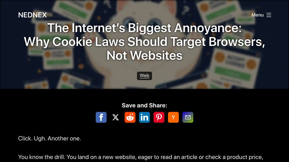 Screenshot of nednex.com: Internet's biggest annoyance: Cookie laws should target browsers, not websites