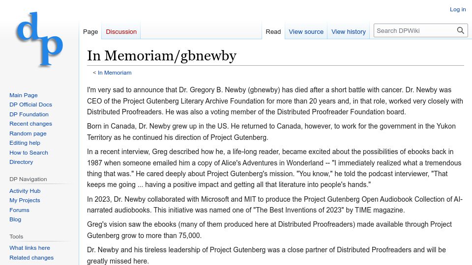 Screenshot of pgdp.net: Greg Newby, CEO of Project Gutenberg Literary Archive Foundation, has died