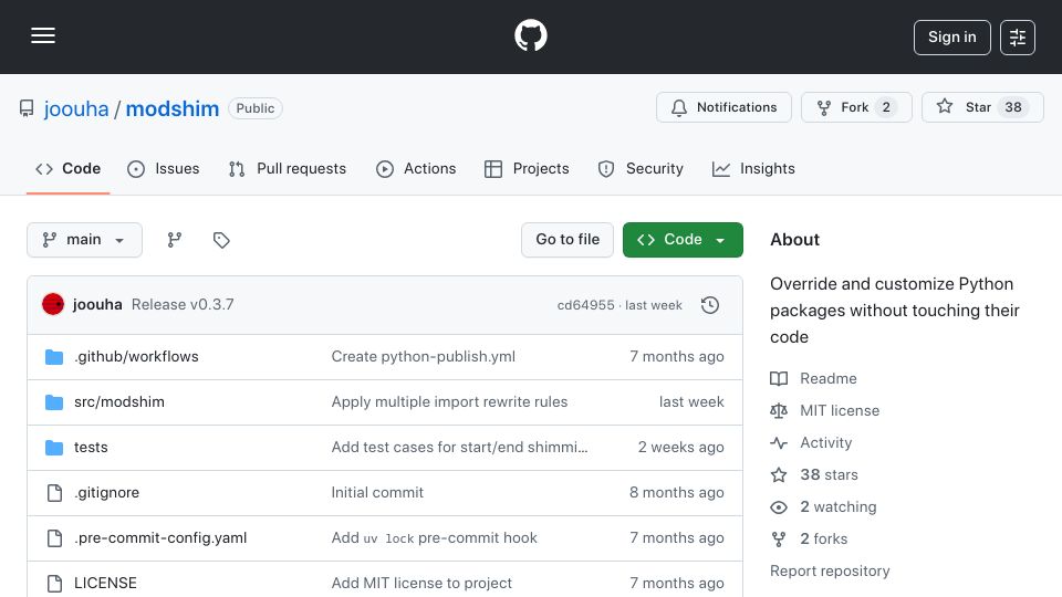 Screenshot of github.com: Show HN: Modshim – A new alternative to monkey-patching in Python