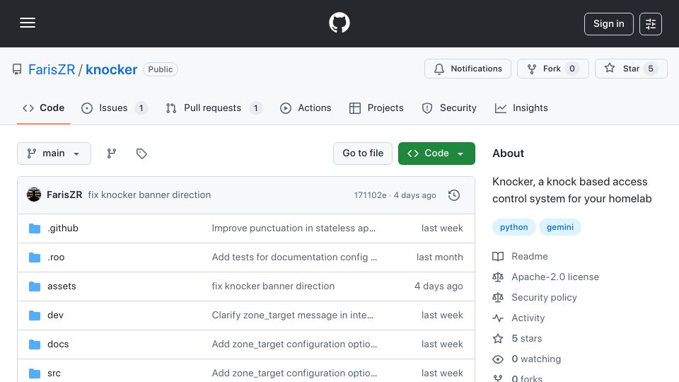 Screenshot of github.com: Knocker, a knock based access control system for your homelab