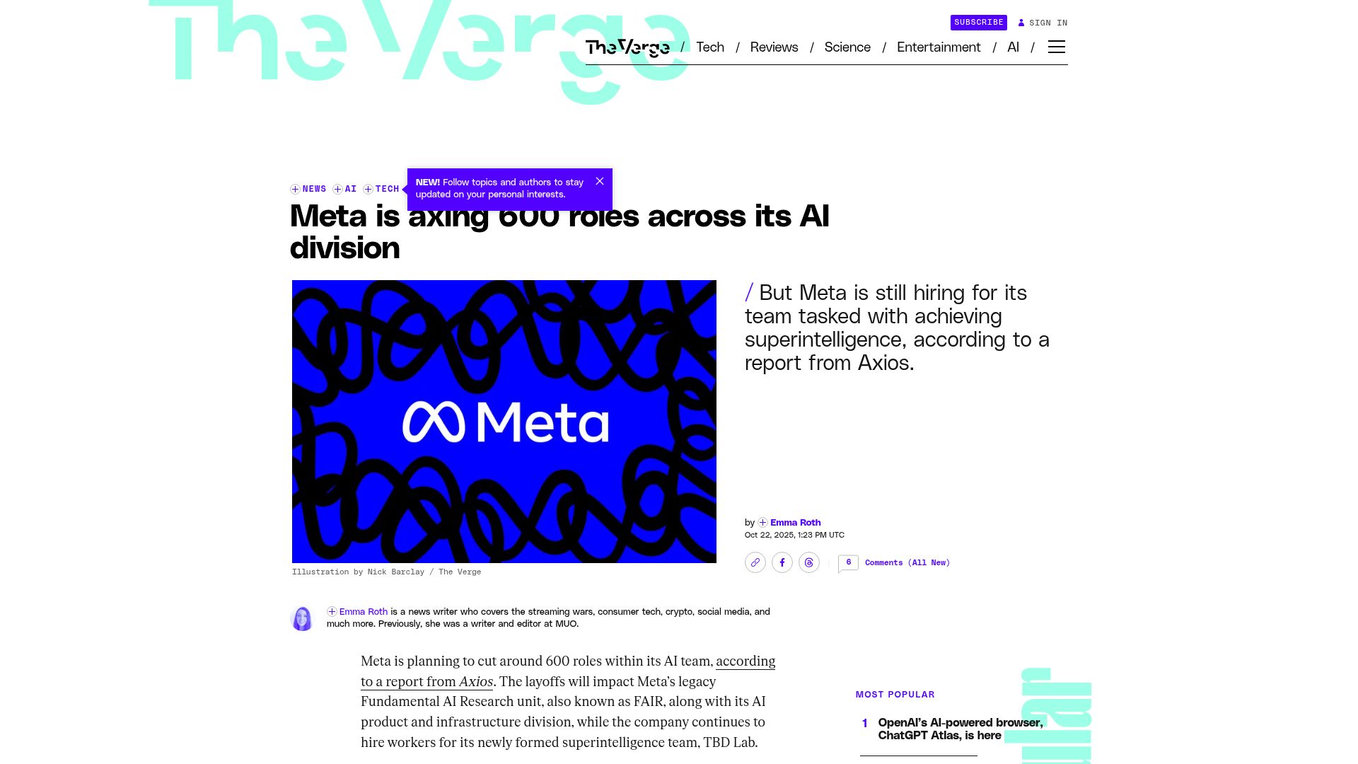 Screenshot of theverge.com: Meta is axing 600 roles across its AI division