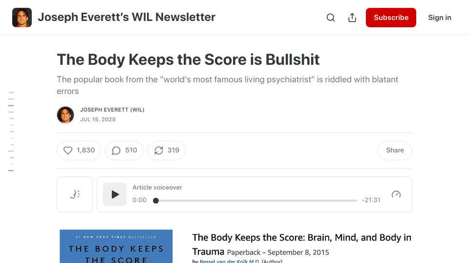 Screenshot of josepheverettwil.substack.com: Criticisms of “The Body Keeps the Score”