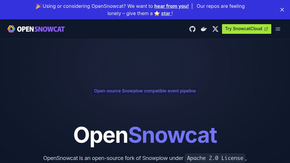 Screenshot of opensnowcat.io: Show HN: OpenSnowcat – A fork of Snowplow to keep open analytics alive
