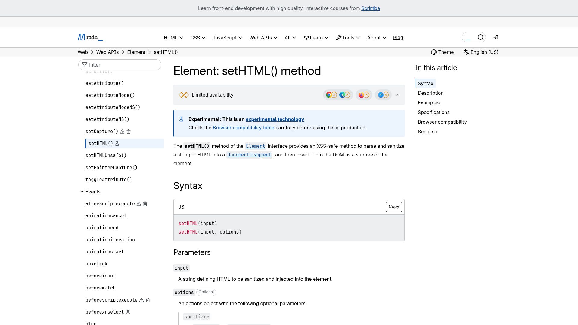 Screenshot of developer.mozilla.org: Element: setHTML() method