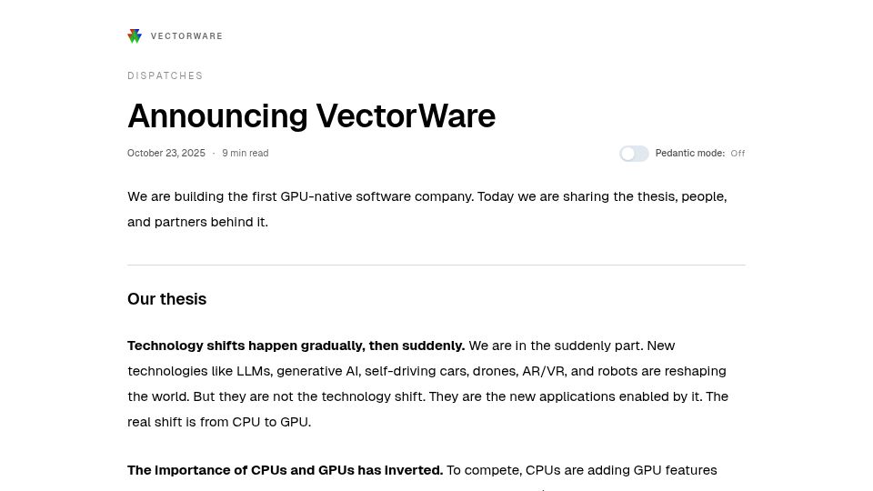 Screenshot of vectorware.com: VectorWare – from creators of `rust-GPU` and `rust-CUDA`