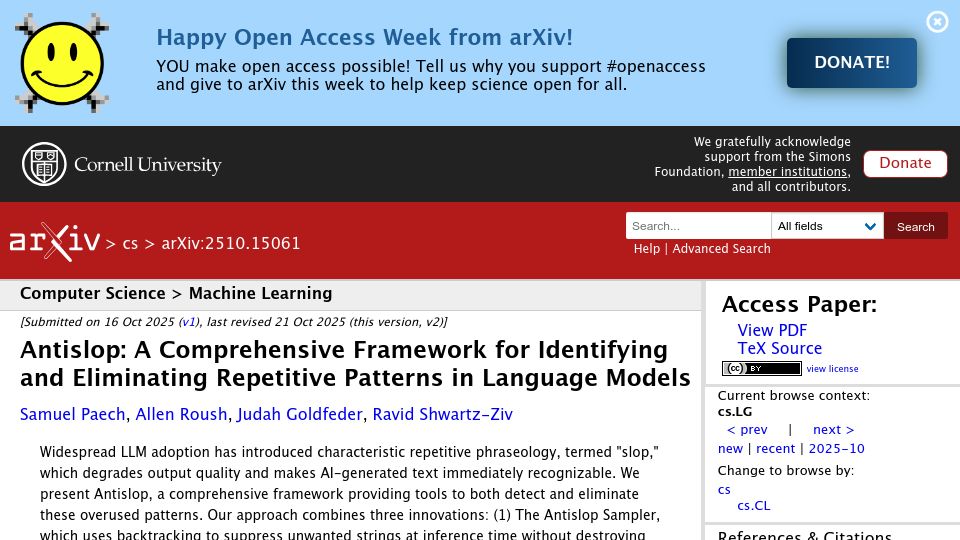 Screenshot of arxiv.org: Antislop: A framework for eliminating repetitive patterns in language models