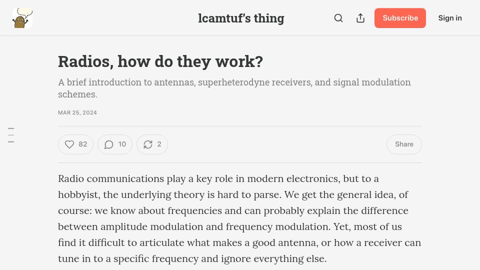 Screenshot of lcamtuf.substack.com: Radios, how do they work? (2024)