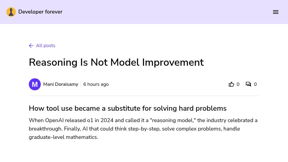 Screenshot of manidoraisamy.com: Reasoning Is Not Model Improvement