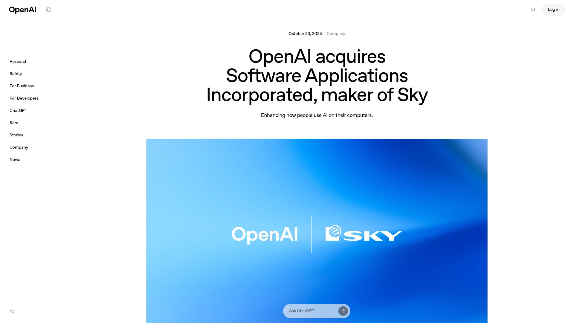 Screenshot of openai.com: OpenAI acquires Sky.app