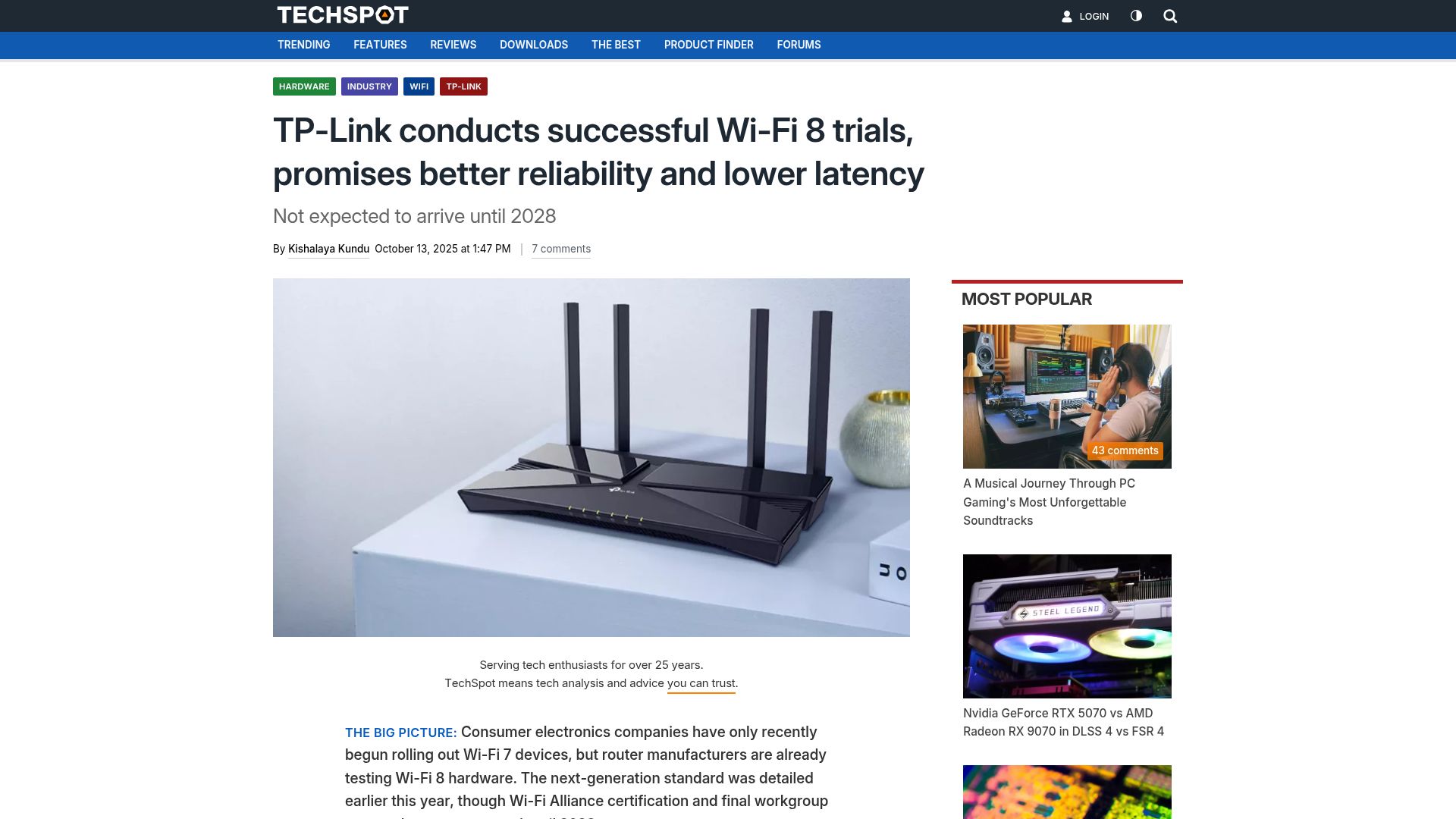 Screenshot of techspot.com: TP-Link conducts Wi-Fi 8 trials, promises better reliability and lower latency