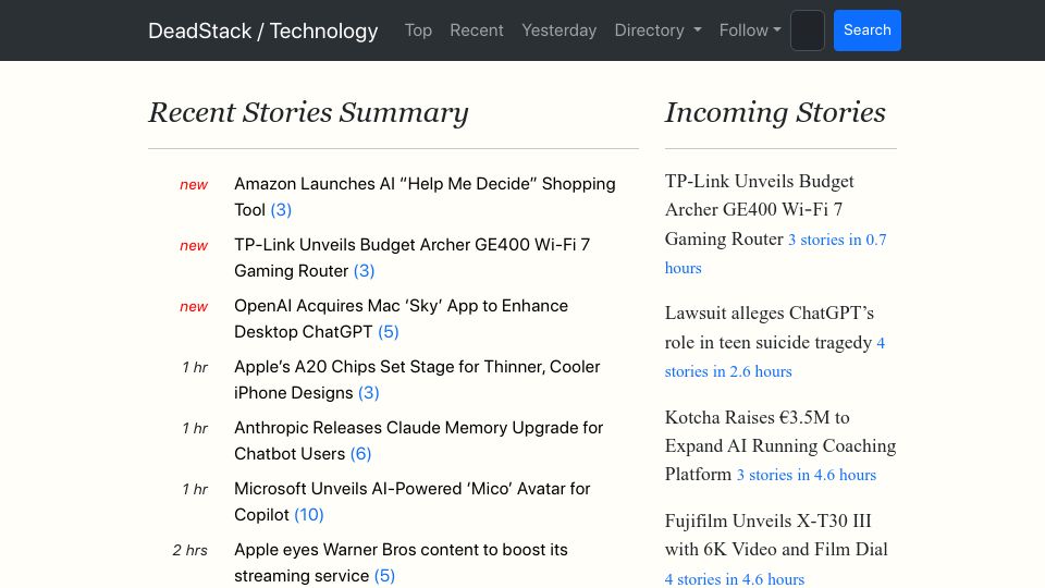 Screenshot of deadstack.net: Show HN: I built a tech news aggregator that works the way my brain does