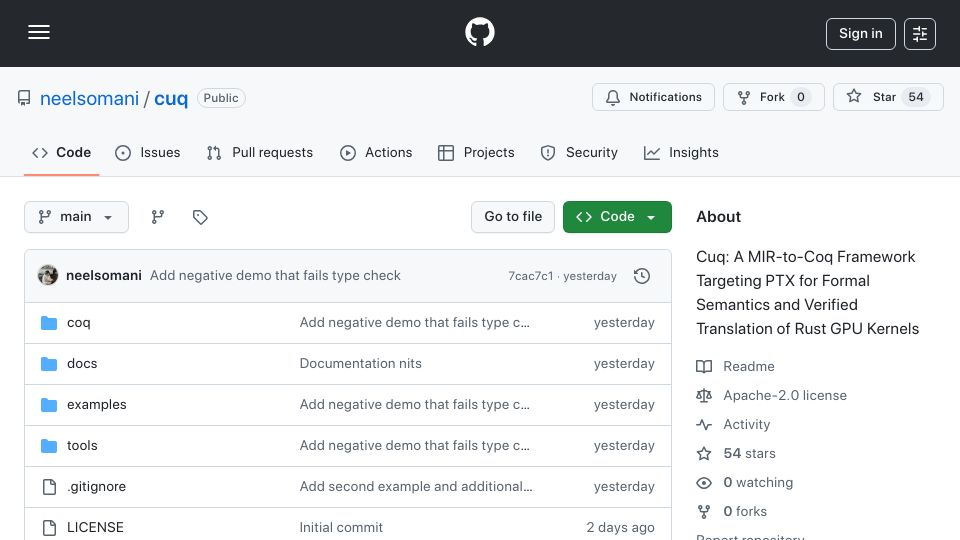 Screenshot of github.com: Show HN: Cuq – Formal Verification of Rust GPU Kernels