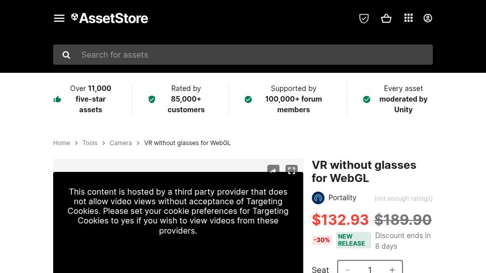 Screenshot of assetstore.unity.com: Glasses-free 3D using webcam head tracking