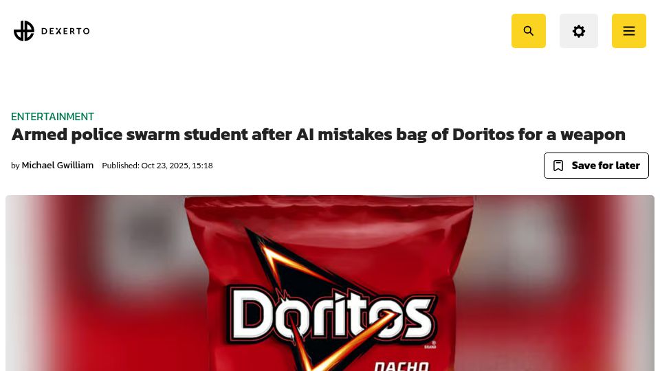 Screenshot of dexerto.com: Armed police swarm student after AI mistakes bag of Doritos for a weapon
